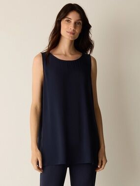 Eileen Fisher Ink Navy Blue Silk Georgette Chiffon Long Tank Top Shirt Blouse